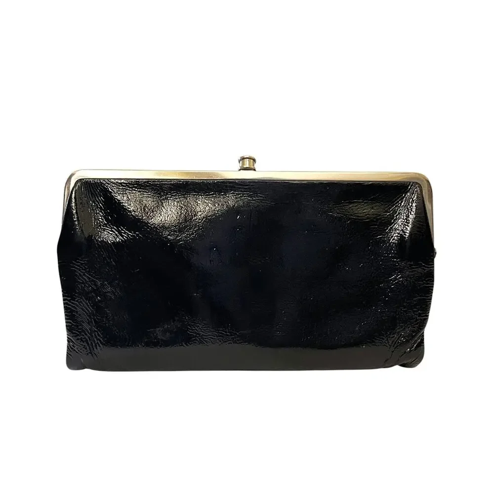 HOBO Lauren Black Crinkle Patent Leather Double-Frame Wallet Clutch Purse